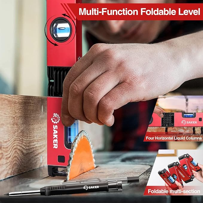 Saker Multi-Function Foldable Level and Deep Hole Pencil Set,Gifts for Men,Perfect Set of Multi-Angle Measurement Woodworking Tools and DIY Woodworking Scribe Gauge Scriber Line Maker Measuring Tool