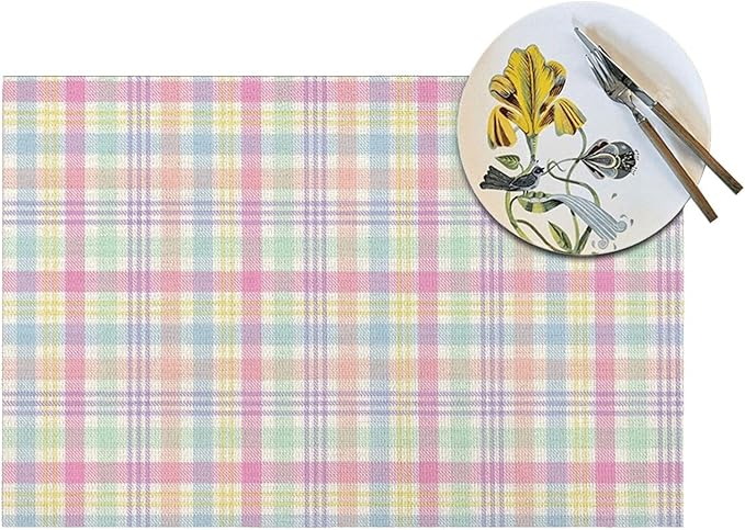 Spring Place mats Set of 4,12x18 Inches Colorful Plaid Stripes Placemats Rectangle Easter Decor Pink Green Purple Linen Table Mats for Party Home Kitchen Dining Table Decoration