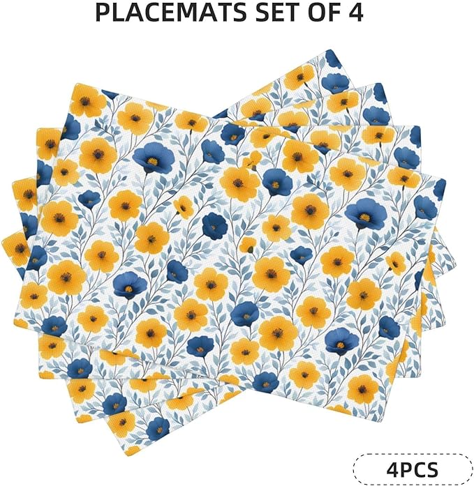 Yellow Blue Floral Linen Placemats Set of 4, Washable Heat Resistant Table Mats for Dining Table Kitchen Holiday Party Farmhouse, Gift for Floral Nature Lovers, Spring Home Decor, 12" x 18" Place Mats