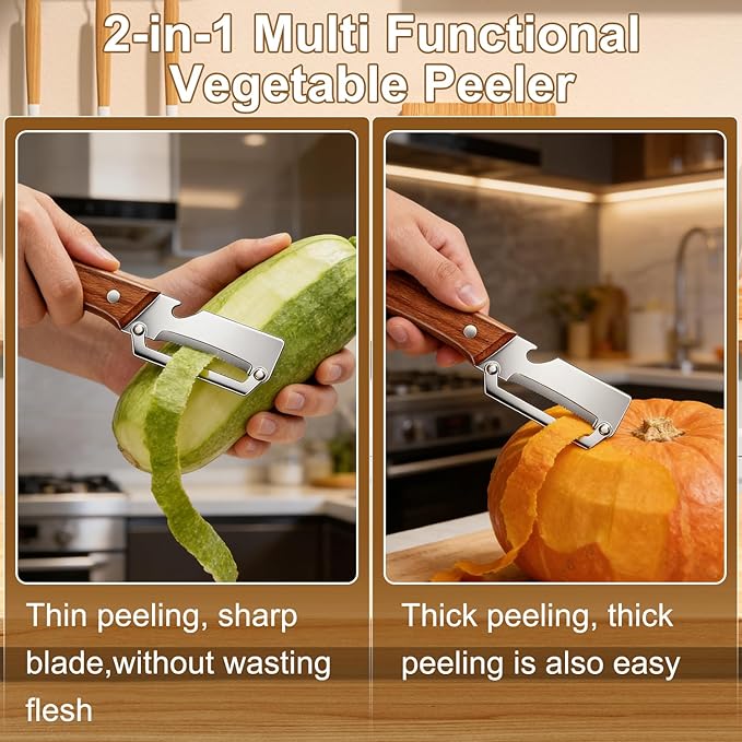 Multi-Functional Vegetable Peeler for Kitchen, 2 in 1 Stainless Steel Vegetable Peeler with Wooden Handle and Bottle Opener,Kitchen Tool for Fruit Apple Potato Carrot Pumpkin Papaya (2pcs)