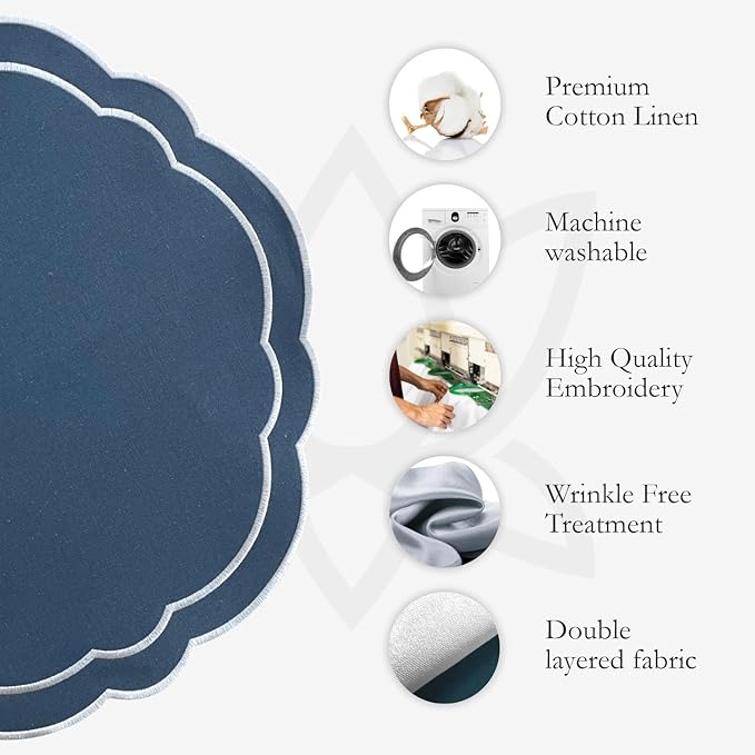 Round Placemats Set of 4, Cotton Linen- Double Layered, Luxury Scalloped Embroidered Cloth Table mats, 16 inch, Washable Fabric Dining Placemat (Blue)