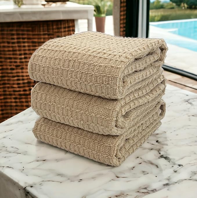 Serafina Home Tan Beige Kitchen Dish Hand Towels 100% Cotton Waffle Cloth Soft Cleaning Drying Absorbent Terry Box Loop: Set of 3 Multipurpose for Everyday Use Oversized 16" x 28"