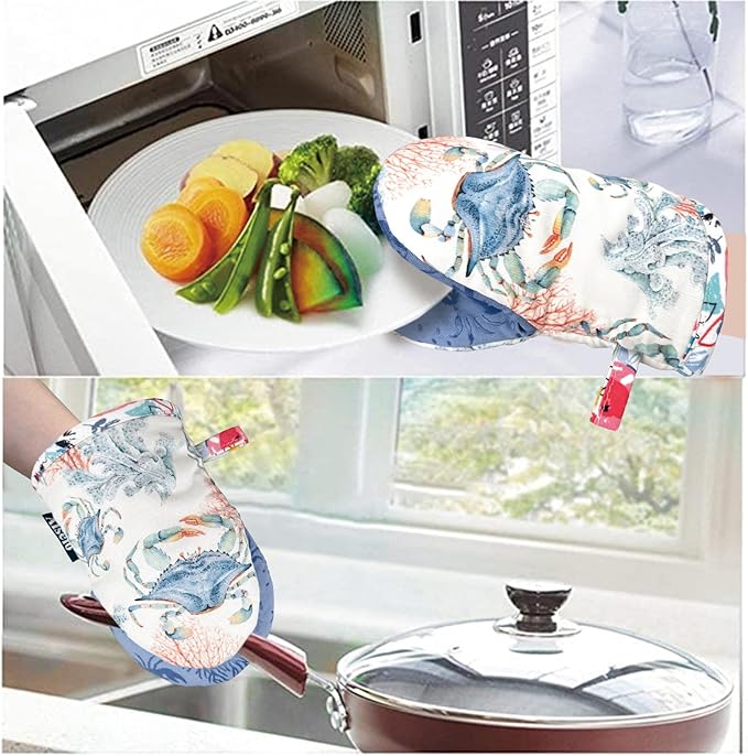 Alselo Mini Oven Mitts,2pk - Silicone Little Kitchen Gloves, Heat Resistant with Non-Slip Grip and Soft Quilted Cotton Lining for Safe Backing Cooking Barbecue (Lilac, Crab)