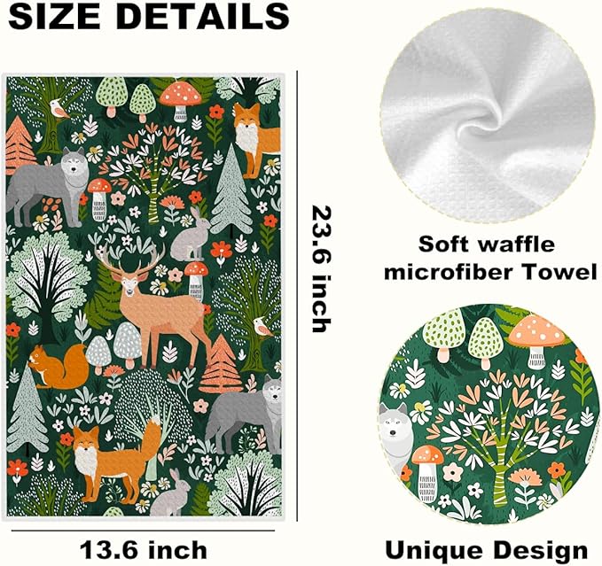 3Pcs Cat Kitchen Towels 24x14 Inch, Squirrel Fox Deer Decor Microfiber Reusable Tea Towels for Kitchen Bathroom Farmhouse, Durable Waffle Weave Dish Drying Towel, Floral Gifts for Women Mom Friend