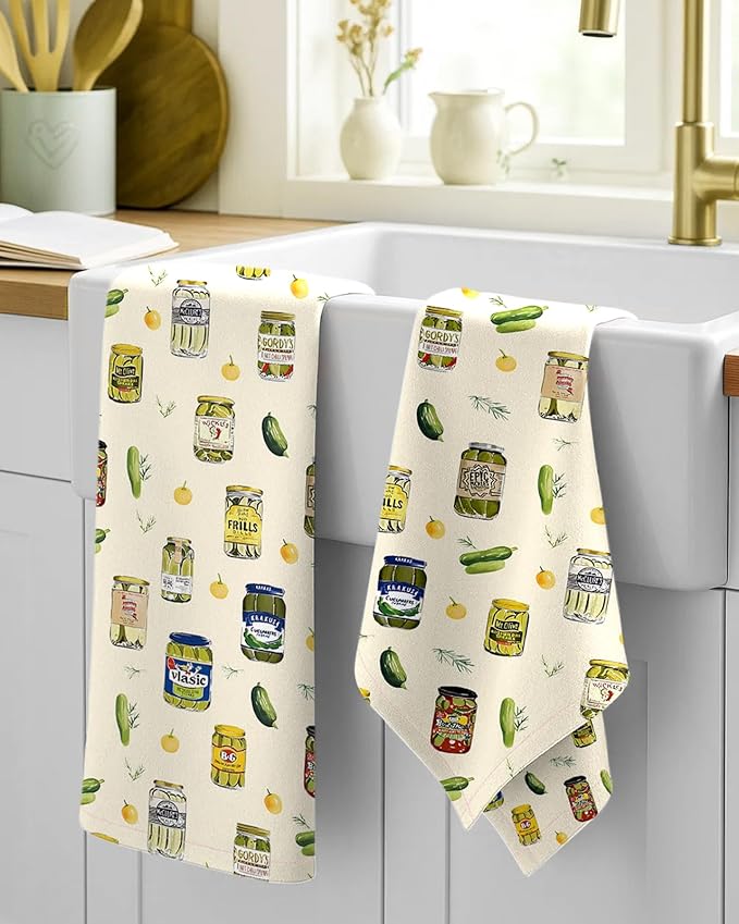 Miss Adola Flour Sack Kitchen Towels - Set of 2 Spring Dish Towels with Hanging Loop 18x26 Inch Absorbent Reusable Cotton Cloths for Cleaning Cute Design Home Decorative Housewarming, Canned Kimchi
