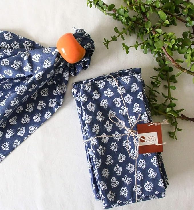 TARAN LIVING Cotton Cloth Napkins Natural Reusable Fall Dinner Napkins Reusable Machine Washable Fabric for Events, Gift, Home Decor - Indigo Blue (Pack of 4), 18x18 Inches