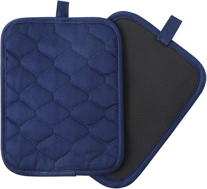 Glynniss Anti-Slip Grip Pot Holders for Kitchen, Cotton Oven Pot Holders Set with Neoprene for Heat Resistant 450F, 7x9 Inches Potholders Machine Washable 2PCS (Blue, 2)