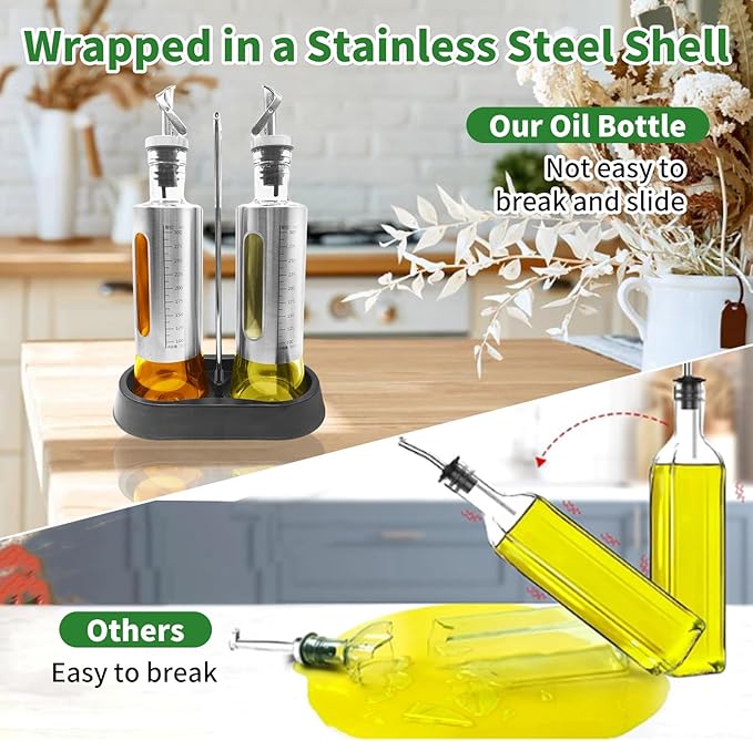 10oz/300 ml Olive Oil Dispenser Bottle, 2 Pack Glass Oil and Vinegar Dispenser Set with Tray, Vinegar and Sauce Bottle Wrapped in Stainless Steel Shell with Pourer and Funnel for Kitchen Cooking