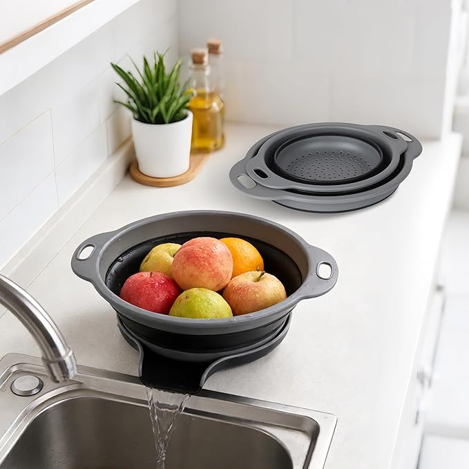 Collapsible Colander Set of 3 with Kitchen Counter Self-draining Base, Round Silicone Food Foldable Strainer for Cooking Pasta, Vegetables and Fruit (3QT, 4QT and 5QT)