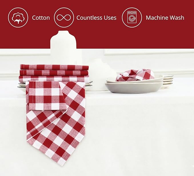 PurpleEssences Buffalo Plaid Cloth Napkins - Mitered Corners - Spring Easter Summer - Gingham Check Dinner Napkin - Set of 12-100% Cotton - 18x18 Inch - Reusable Washable - Red and White