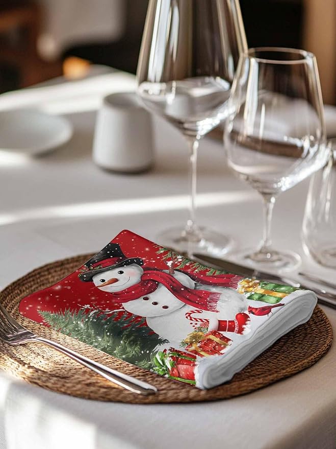 Snowman Red Cloth Napkins Set of 6 - Christmas Tree Washable Dinner Napkins Snowflake Winter Xmas Pine Table Reusable Napkin for Home Party Wedding Dining Table Setting Decoration, Oversized 20"x20"