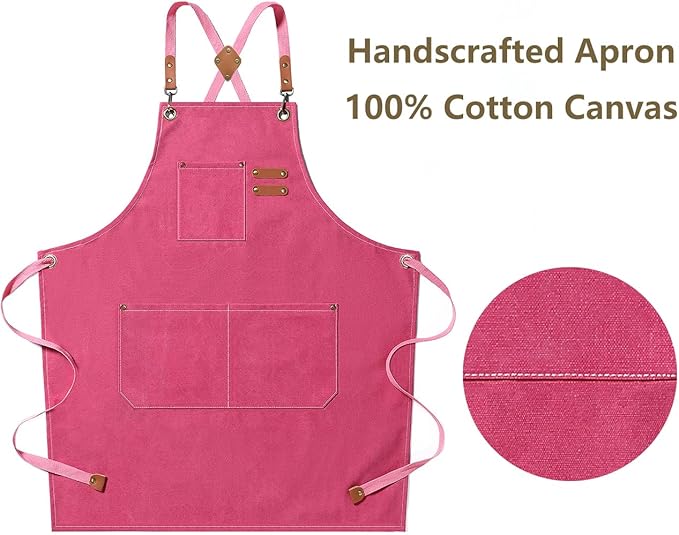 AFUN Chef Aprons for Men Women with Oversized Pockets, 16-Ounce Cotton Canvas Cross Back Heavy Duty Work Apron (Pink)