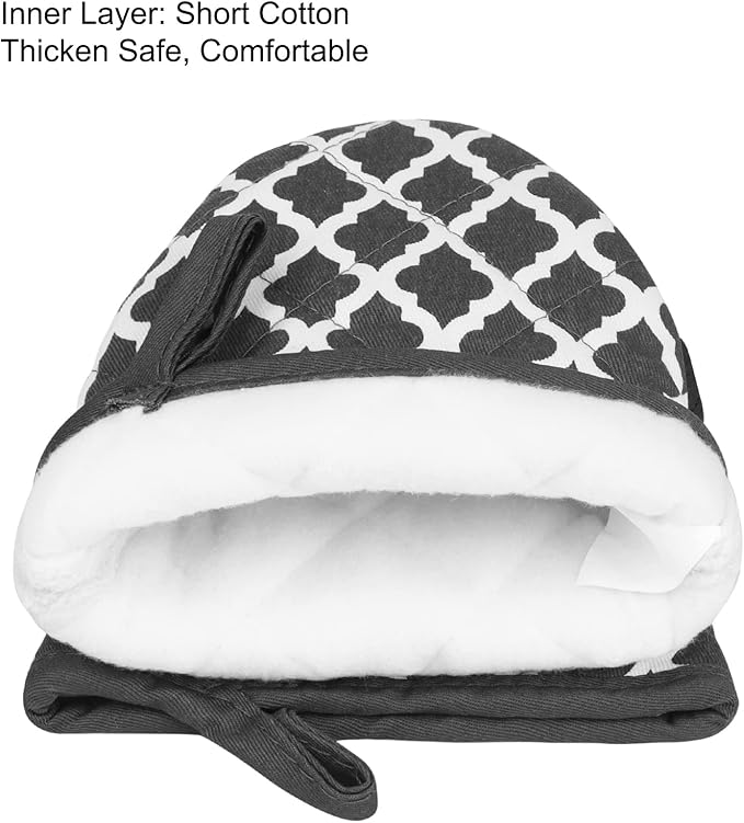 Short Oven Mitts, Heat Resistant 500°F, Silicone Grip Kitchen Gloves, Non-Slip for Baking, Grilling, BBQ, Machine Washable with Hanging Loop, 2-Pack Set, White Checkered Pattern
