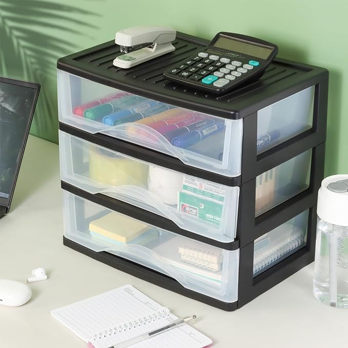BYCY Medium 3 Drawer Plastic Clear Stacking Desktop Organizer for Office Supplies, Stackable Storage Drawers Storage Bins For Kitchen Cabinets, Pantry, Home Organization (Black, Medium 3Drawer)