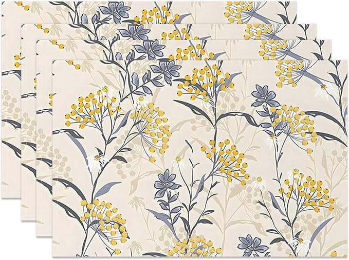 Floral Table Placemats Set of 4 Summer Flower Linen Cotton Washable Table Mats Heat Resistant Reusable Place Mat for Kitchen Dining 12x18 Inch