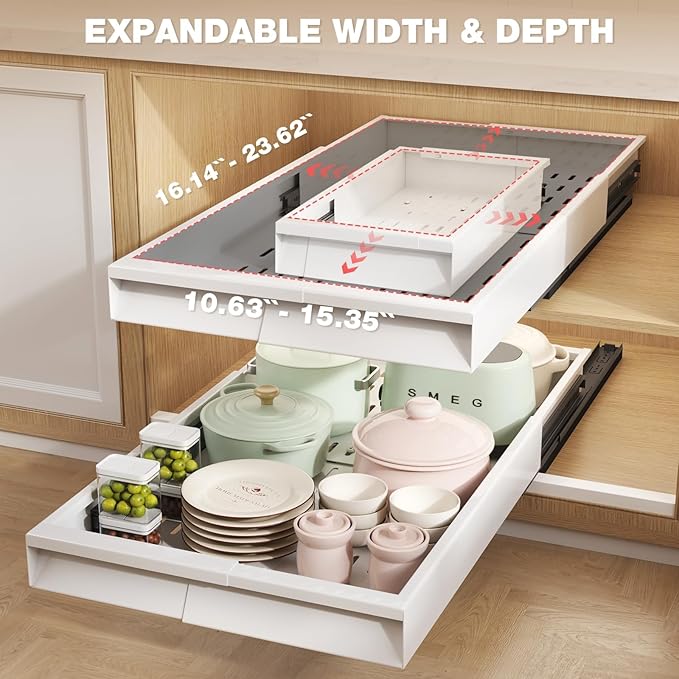Seinloes 2 Pack Pull Out Cabinet Organizer With Raising Pad for Framed Cabinets,Expandable Width (11"-16") and Depth (17"-24"),3 Slide Rails Slide Out Drawers with Handle,No-Drill Roll Out Shelf,White