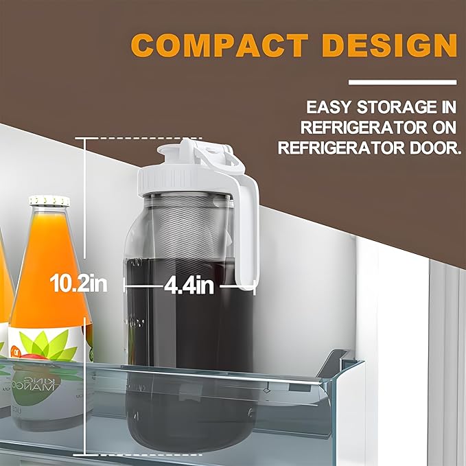 JunVpic Cold Brew Coffee Maker Jar - 64oz Thick Glass Multipurpose Mason Pitcher Spout Lid with Handle & Stainless Steel Filter for Iced Coffee, Lemonade, Ice Tea, Homemade Fruit Drinks Container