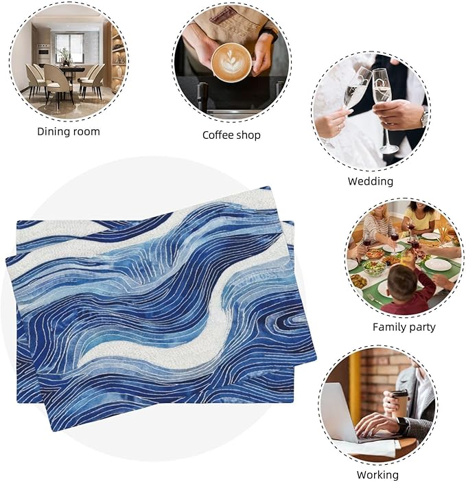 Blue and White Ocean Inspired Linen Placemats Set of 4, Washable Heat-Resistant Decorative Coastal Navy Blue White Wave Patterned Table Mats for Home Dining Parties, Gift for Beach Lovers, Home Decor