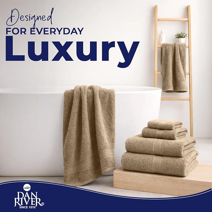 DAN RIVER 8 PC Luxury Bath Towels for Bathroom, 2 Bath, 2 Hand, and 4 Wash Cloths, 600 GSM 100% Ring Spun Cotton Towel Set, Highly Absorbent, Gym, Hotel, and Spa, Tan