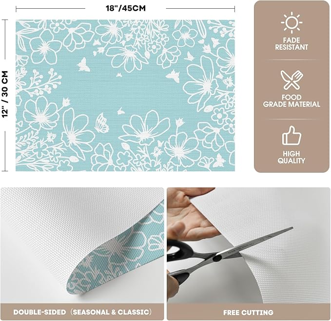 Artoid Mode Bule Weed Wild Flower Vinyl Plastic Placemats Set of 4, 12x18 Inch Woven Washable Non-Slip PVC Place Mats for Party Kitchen Dining Decor