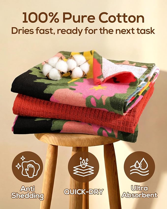 Miss Adola 3pcs Cotton Kitchen Towels - 270 GSM 15x25 Inch Terry Cloths Reusable Dish Cloths for Cleaning Absorbent Soft Hand Tea Towels with Hanging Loop for Housewarming Home Decor, Cats in Flowers
