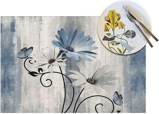 Floral Place mats Set of 4, 12x18 Inches Rustic Blue Daisy Flower Decorative Placemats Rectangle Summer Floral Table Mats for Party Home Kitchen Dining Table Decor