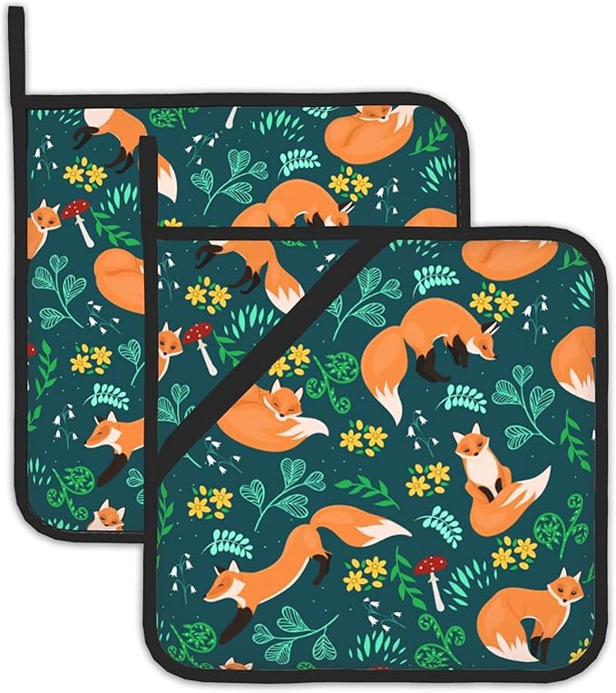 Cute Foxes Pot Holders Set of 2 Heat Resistant Potholders,Mushrooms Fire Oven Hot Pads for Kitchen Cooking Baking Barbecue