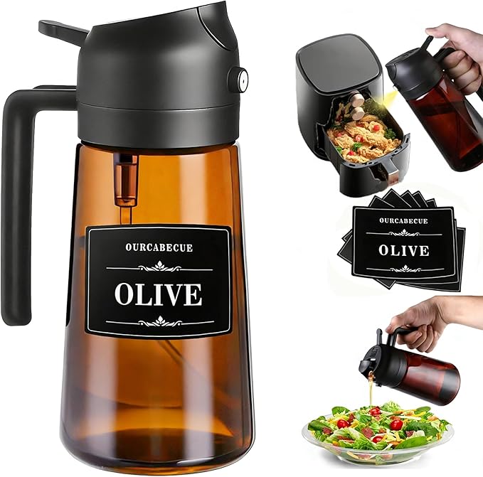 OURCABECUE 2 in 1 Olive Oil Sprayer for Cooking, 16oz Olive Oil Dispenser Bottle for Kitchen, Light-Blocking Dark Glass Oil Bottle, Food-Grade Oil Mister with 8 Oil Stickers (Amber Bottle-Black Cap)
