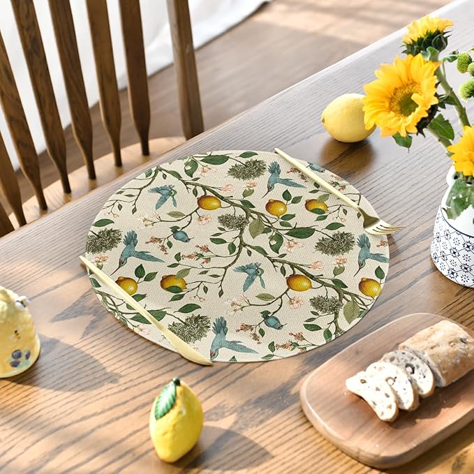 Artoid Mode Brown Lemon Tree Bird Flower Round Summer Placemats Set of 4, 14 Inch Spring Farmhouse Round Table Mats for Dining Decoration