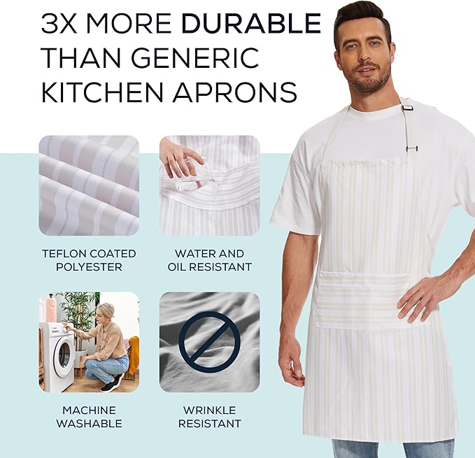 Will Well Kitchen Apron for Men and Women - 33" x 27" Oil-and-Water-Resistant with Adjustable Neck Strap and 38" Waist Ties for a Snug Fit, Lightweight with 2 Front Pockets - 6-Pack, White Stripe