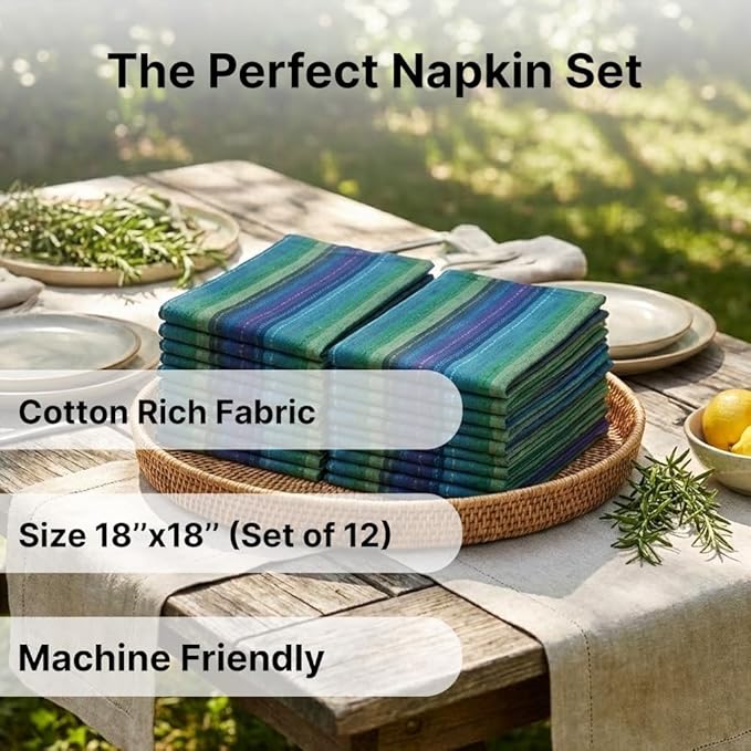 LFH Home Cotton Rich Cloth Salsa Napkin Set of 12 Washable Soft Durable Striped Table Napkins for Dining Wedding Daily Use Reusable Eco-Friendly Fabric Napkins for Elegant Settings(18x18)-Violet Multi