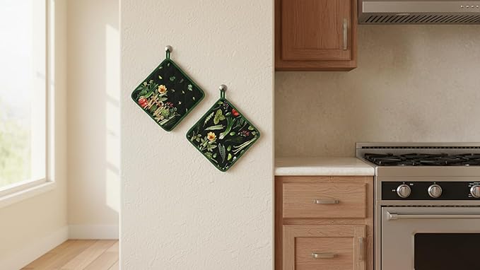 AMOUR INFINI Pot Holders Heat Resistant Cotton Set of 2 Nonslip 8"x8" Inch Hot Pads for Kitchen, BBQ, Baking & Cooking with Hanging Loops (My Garden)