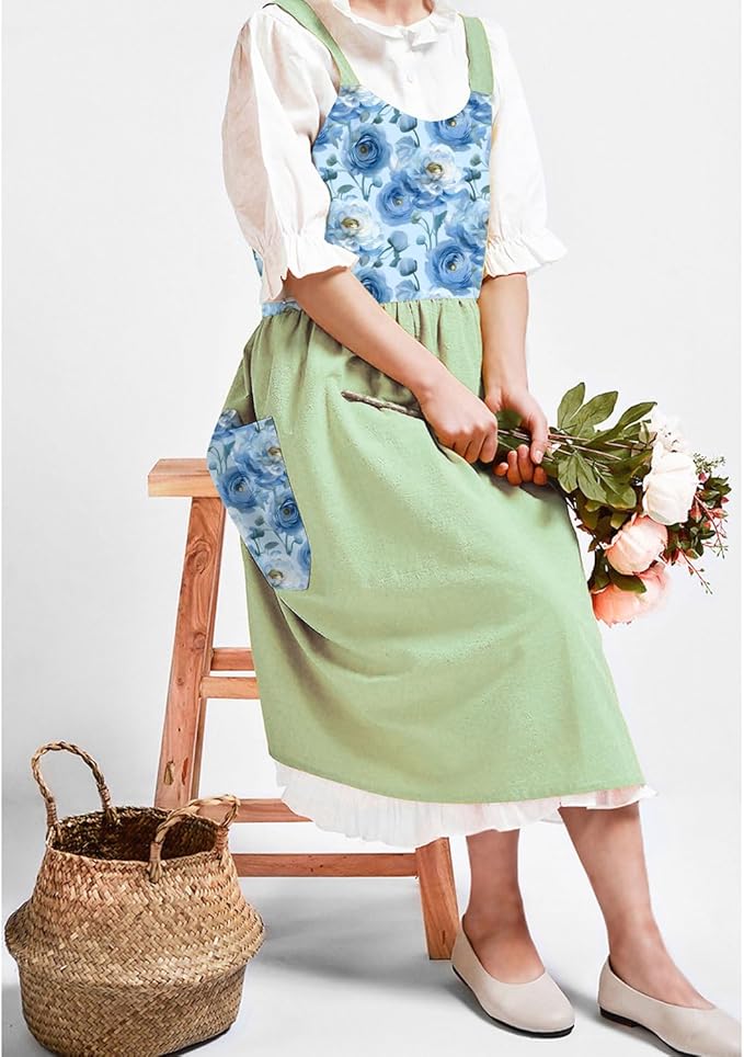 Uaussi Cotton Linen Apron Cross Back Work Apron for Women with Pockets Pinafore Dress X Cross Halter Apron for Chef Gardening