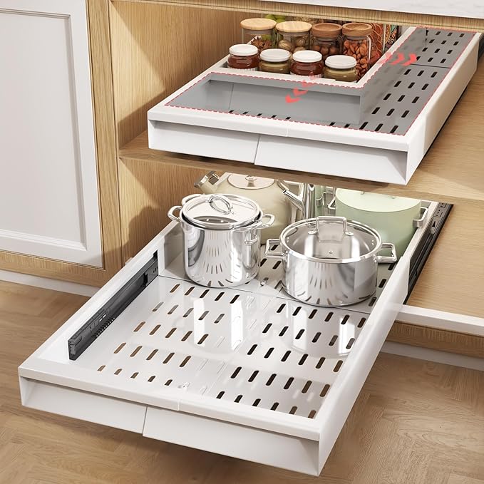 Seinloes 2 Pack Pull Out Cabinet Organizer With Raising Pad for Framed Cabinets,Expandable Width (11"-16") and Depth (17"-24"),3 Slide Rails Slide Out Drawers with Handle,No-Drill Roll Out Shelf,White
