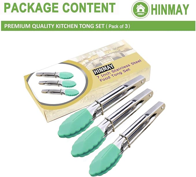 HINMAY Stainless Steel Food Tongs with Silicone Tips 7-Inch Mini Tongs, Set of 3 (Mint)