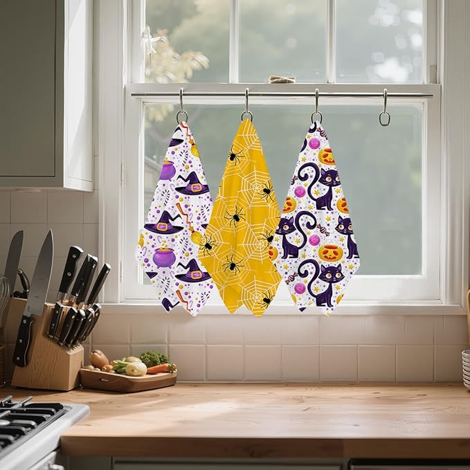 3 Pcs Halloween Themed Kitchen Towels, Spider Net & Cat Decorative Absorbent Microfiber Dish Cloth Tea Towel, Witch Stuff Waffle Hand Towels for Farmhouse Home Bathroom, Halloween Gifts