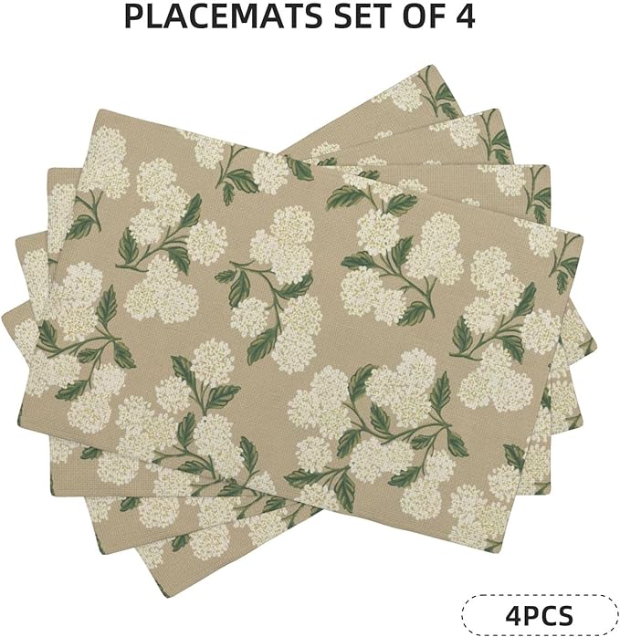 Beige Placemats Set of 4 Khaki Green Hydrangea Flower Decor Place Mats 12x18 Inch Vintage Floral Spring Summer Seasonal Decorative Linen Table Mats for Kitchen Dining Party Table Decoration