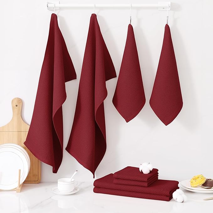Homaxy 100% Cotton Kitchen Towels and Dishcloths Set, 12 x 12 Inches and 13 x 28 Inches, Set of 16 Bulk Kitchen Towels Set, Ultra Soft Absorbent Dish Cloths for Washing Dishes, Burgundy