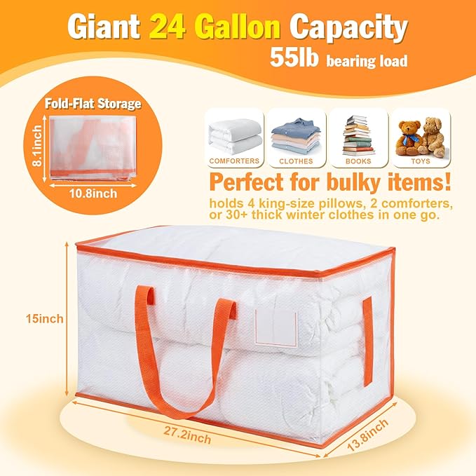 KYODOLED Clear Moving Bags with Orange Handles, 10-Pack Heavy Duty Storage Totes for Clothes & Bedding, Extra Large 27"x14"x15" (24 Gal), Foldable Transparent Organizer with Label Pocket, PP Material