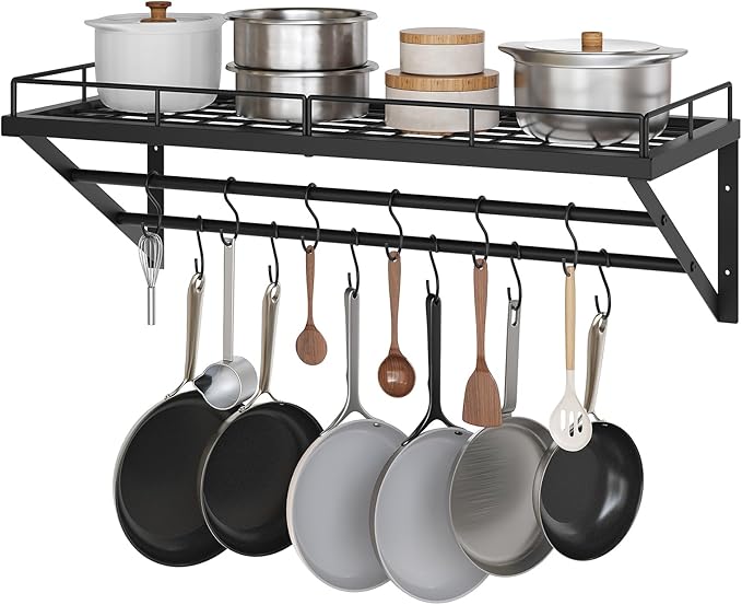 YATINEY Pot Rack, 30 Inch Wall Mounted Pot Rack, Kitchen Pot and Pan Organizer with 2 Tier Hanging Rails, 12 S-Hooks, Space Saving, for Kitchen Cookware Organizer, Black PR02BK