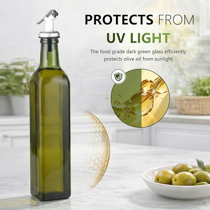 WERTIOO Green Olive Oil Dispenser Bottle,17oz Glass Oil and Vinegar Dispenser for Kitchen, 500ml Glass Bottles for Vinegar Oliveoil with Label and Funnel