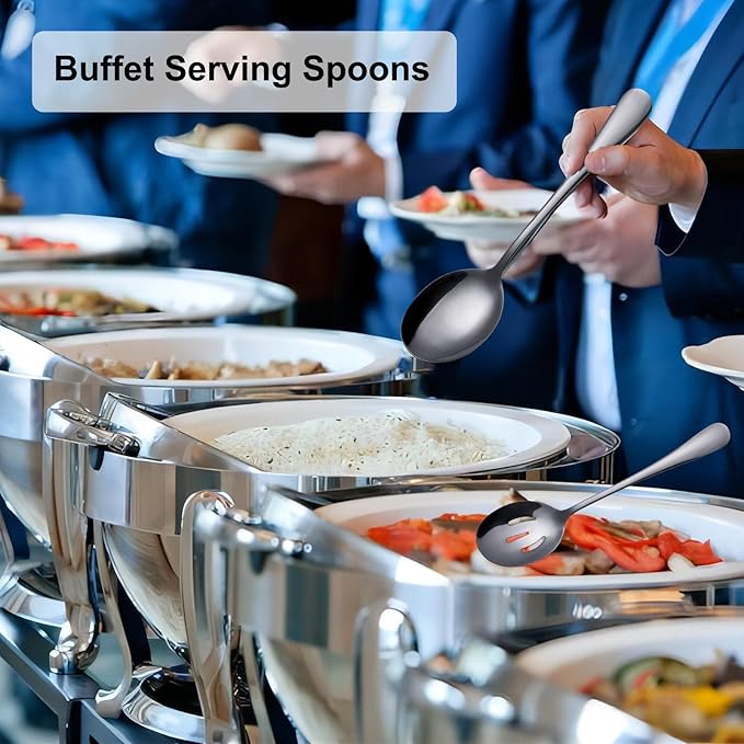 6 Pieces Serving Spoons Set 8.7 Inch, Includes 3 Serving Spoon and 3 Slotted Spoon, Stainless Steel Buffet Banquet Spoons, Large Kitchen Utensils Cutlery, Black