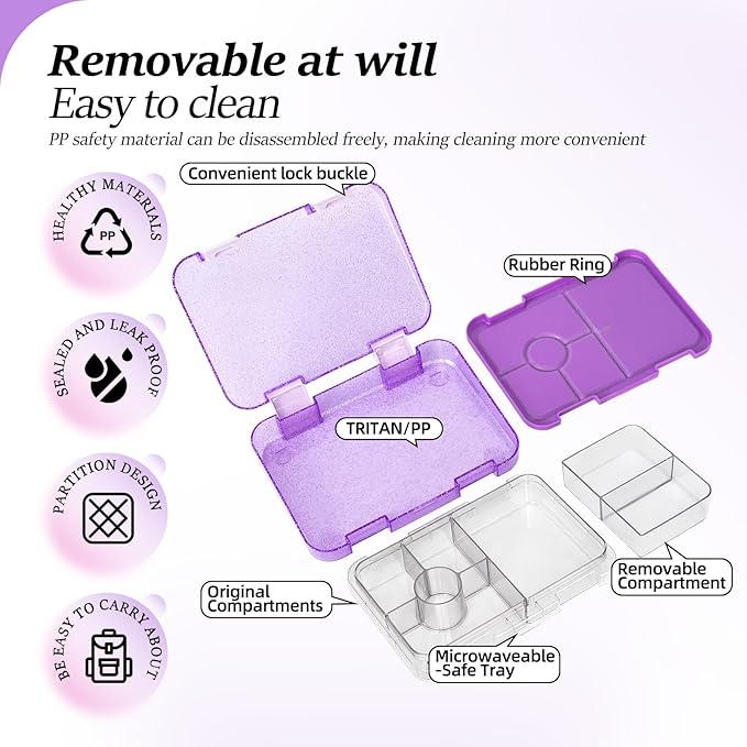 Bento Lunch Box for Kids, Plastic Lunch Box Case, 5/6 Tritan Compartments, BPA free, Ideal Portion Sizes for On-the-Go Meal, Shiny Purple and Clear