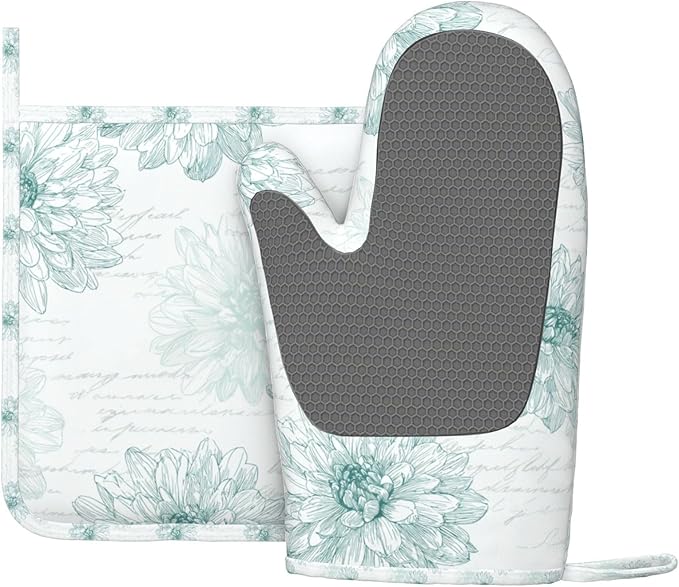 Oven Mitts and Pot Holders Flower Dahlia Line Art Vintage Silicone Kitchen Accessories Set of 2 Heat Resistant Long Gloves Potholder Non-Slip Grip for Chef Cooking,Baking,Grilling,BBQ