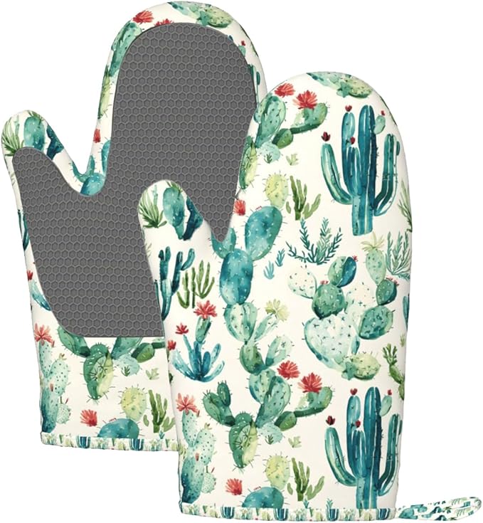 Cactus Silicone Oven Mitts Set of 2, Heat Resistant up to 500°F, Kitchen Oven Gloves with Non-Slip Grip and Soft Cotton Lining for Baking, Cooking and BBQ