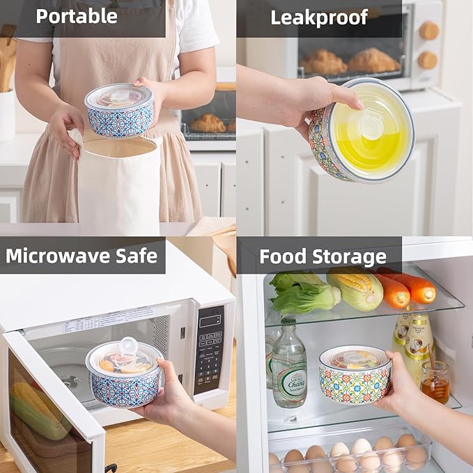 Ceramic Bowls Set with Lid: Microwave Safe Soup Containers Set of 6 for Meal Prep, Cereal, Salad, Picnic, Camping, Office Lunch, Kitchen Food Storage - 5 Inch, 20 oz, 6 PCS, Design D