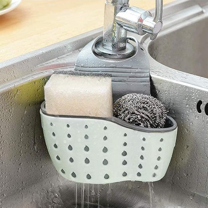 Elegantcharm EC Kitchen Sink Caddy Sponge Holder Plastic Hanging Ajustable Strap Faucet Caddy with Holes
