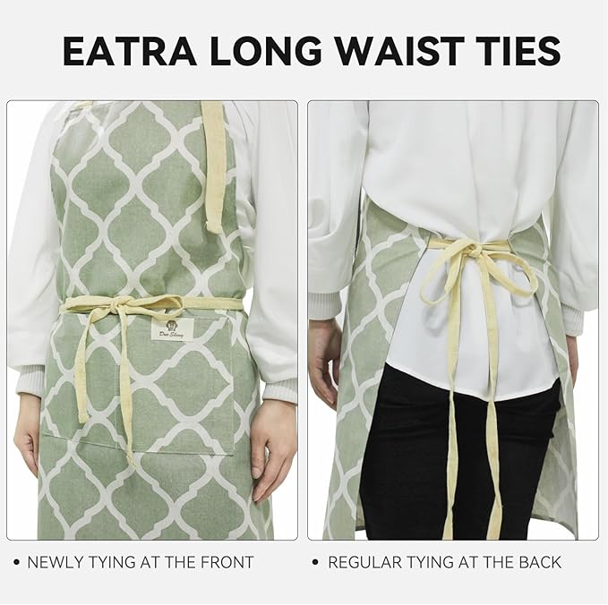 2 Pieces Aprons for Women with Pockets, Cotton Linen Waterproof Kitchen Cooking Aprons, Chef Apronfor Men Women with Adjustable Neck Strap and Long Ties(Yellow/Green)