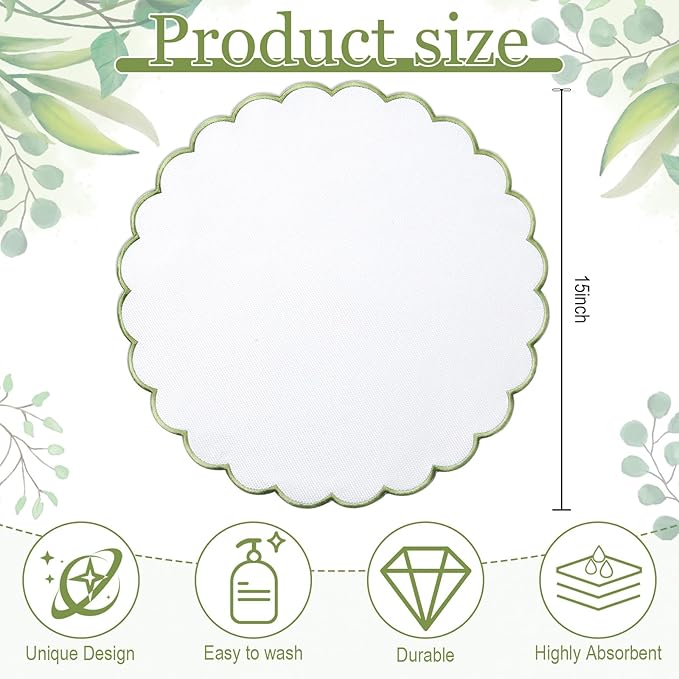 Set of 6 Round Placemats 15 Inch Cotton Scalloped Embroidery Placemat Washable Double Layered Rustic Dinner Table Mat Decor Fabric for Hotel Restaurant Kitchen(White/Green,Classic)