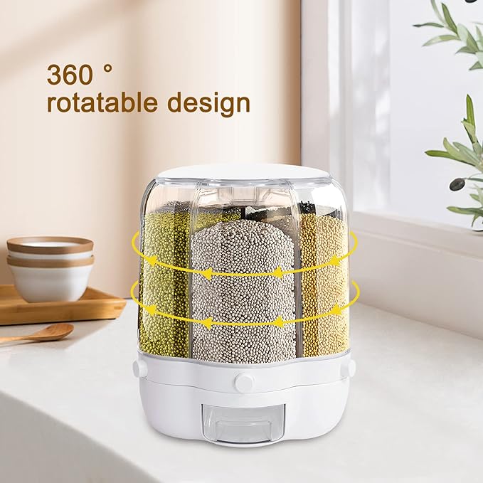 360° Rotating Grain Dispenser with 6 Grids, 27lbs Large Capacity Grain Dispenser Rotating Kitchen Storage Containers With Sealed Lid for Cereals, Oatmeal and Candy